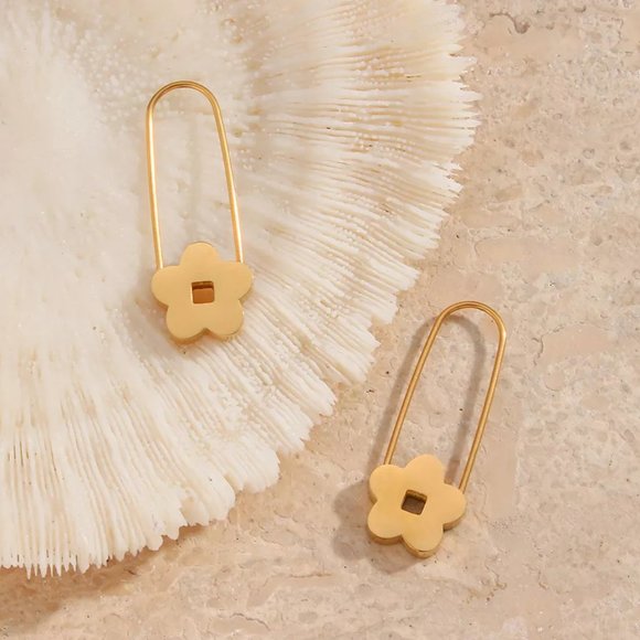 Gold Flower Safety Pin Hoop Earrings 18K Gold Plated - Picture 7 of 10